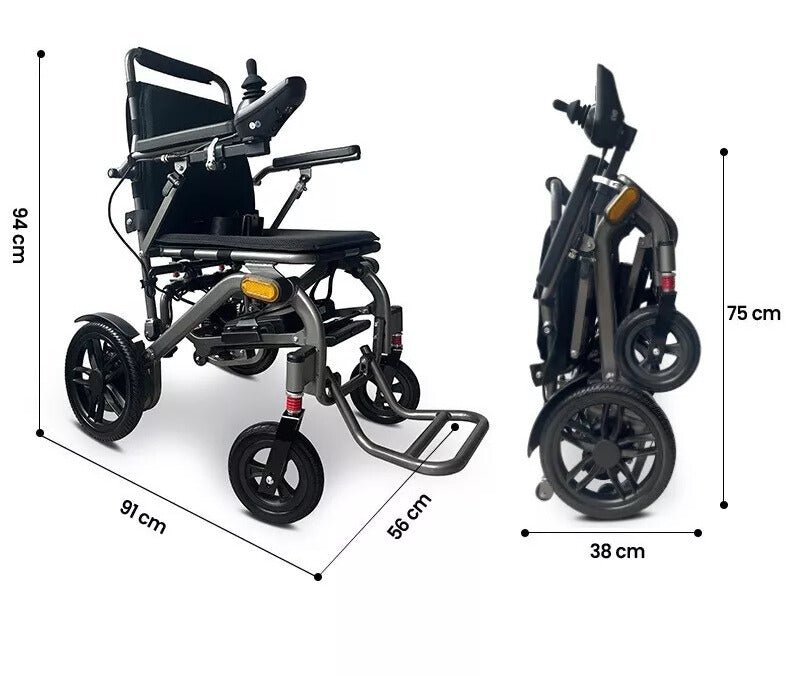 photo of wheelchair open and closed showing dimensions