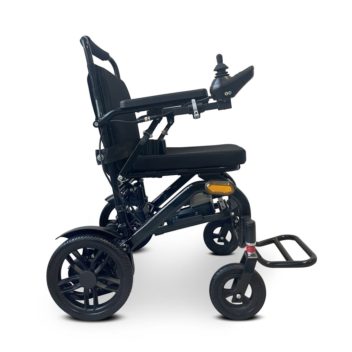 side view of the electric wheelchair showing wheels and controller