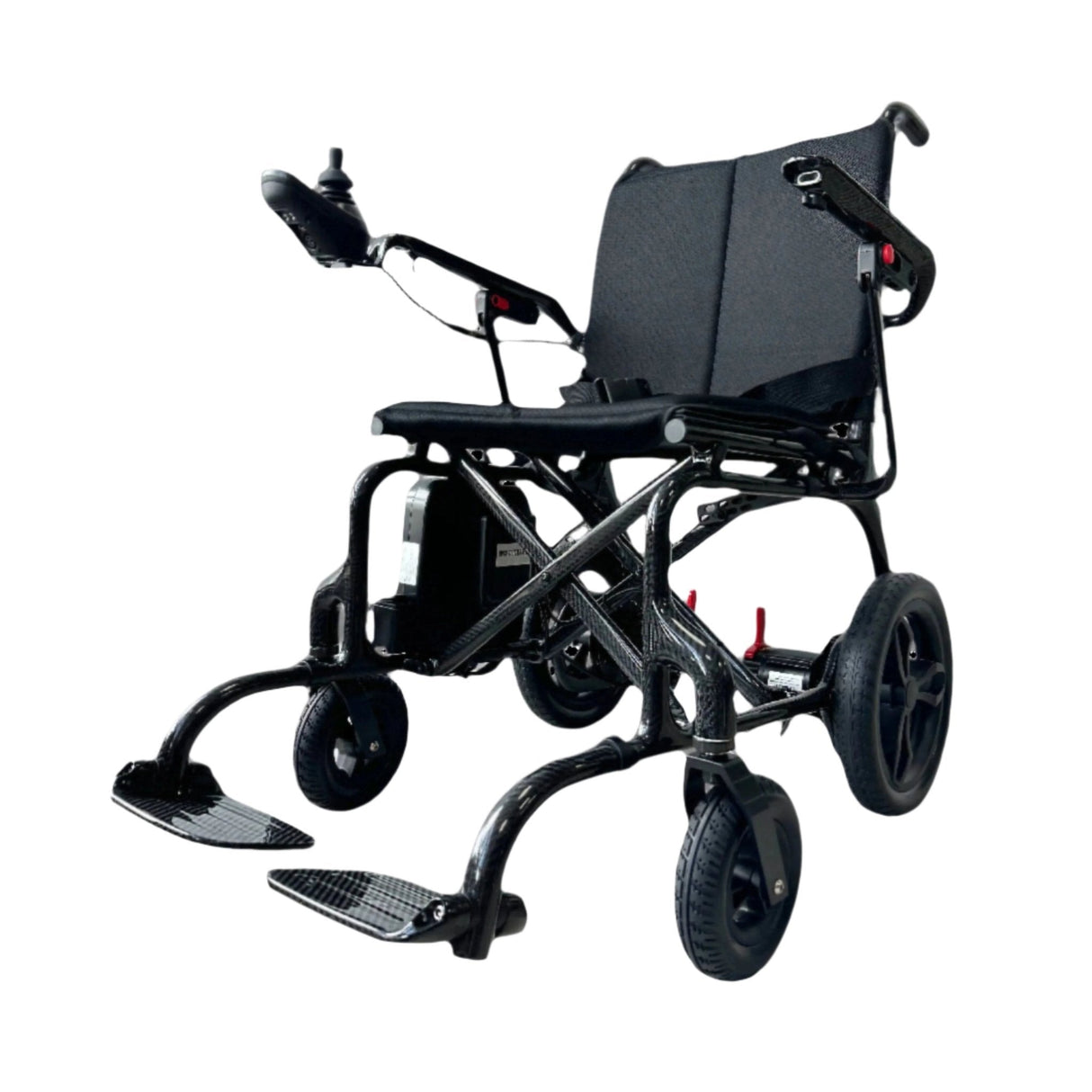front view of carbon fibre electrical wheelchair wheels and joystick in black