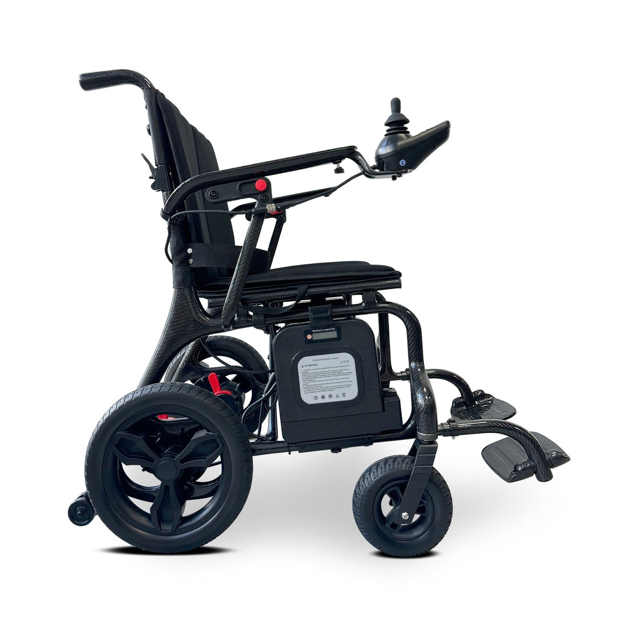 side view carbon fibre electrical wheelchair wheels and foot rest with joystick