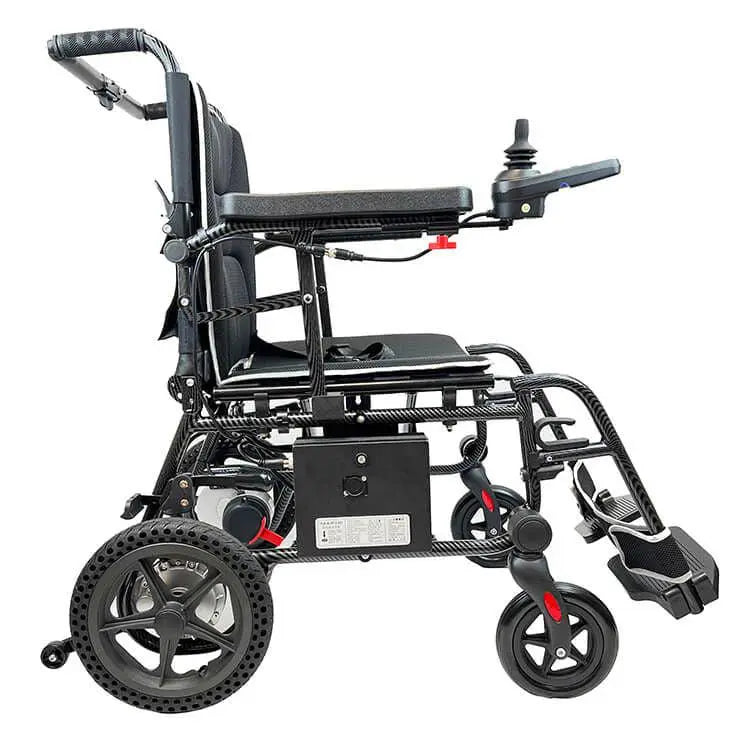 Refurbished EEZY LITE Grade A powered wheelchair by eezychair, showing its compact design and control panel.
