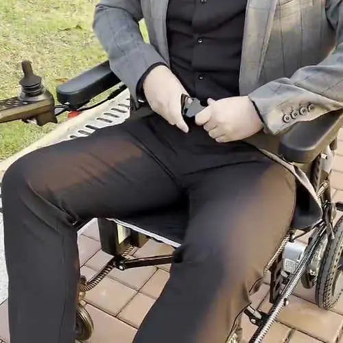 Refurbished EEZY LITE Grade A powered wheelchair by eezychair, showing its compact frame and control panel.