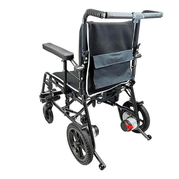 Refurbished Grade A EEZY LITE powered wheelchair by eezychair, showing its compact frame and adjustable seating for mobility.