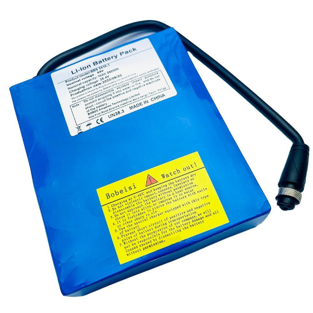 Eezy Roller Battery 10Ah with cable showing safety specs