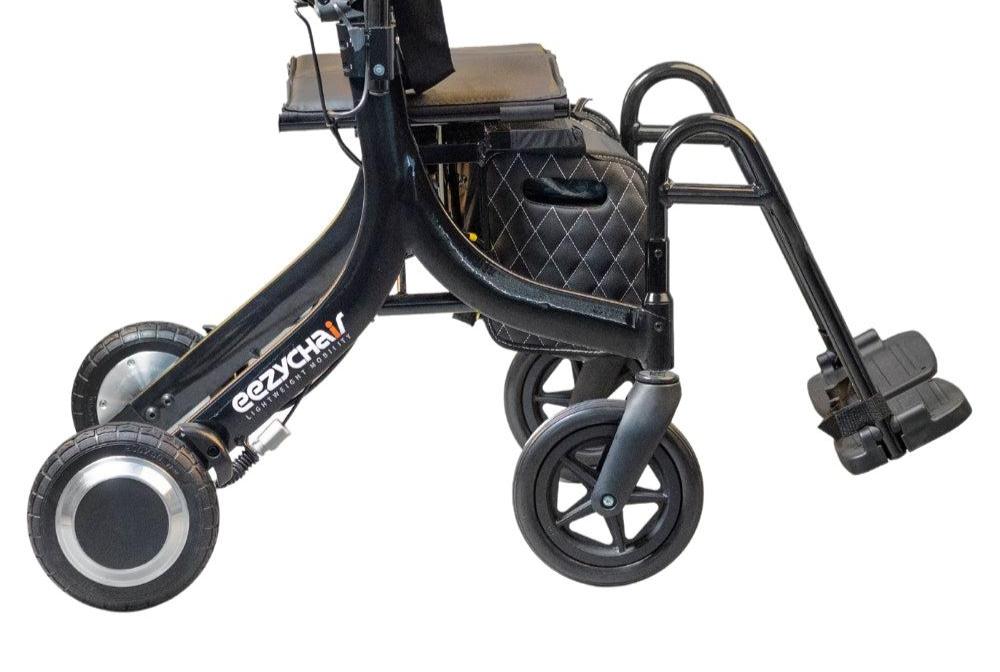 electric rollator side view with brand eezychair on frame 4 wheels and foot rest