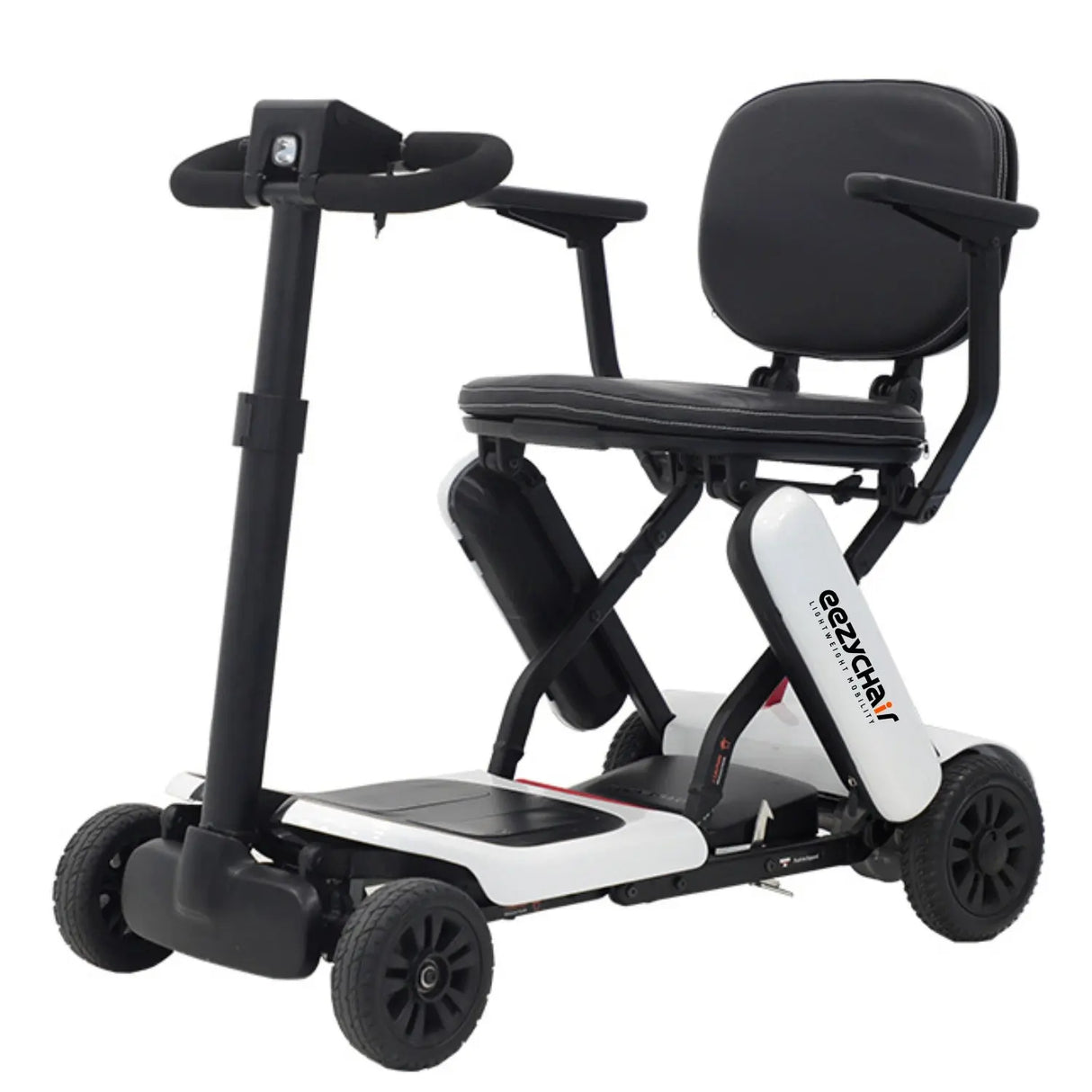 White Eezy-Fold Mobility Scooter by eezychair, compact design with handlebar and foldable frame for easy transportation.