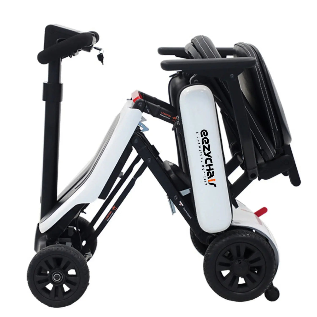 White Eezy-Fold mobility scooter by eezychair, compact design with handlebars and foldable frame for easy transportation.