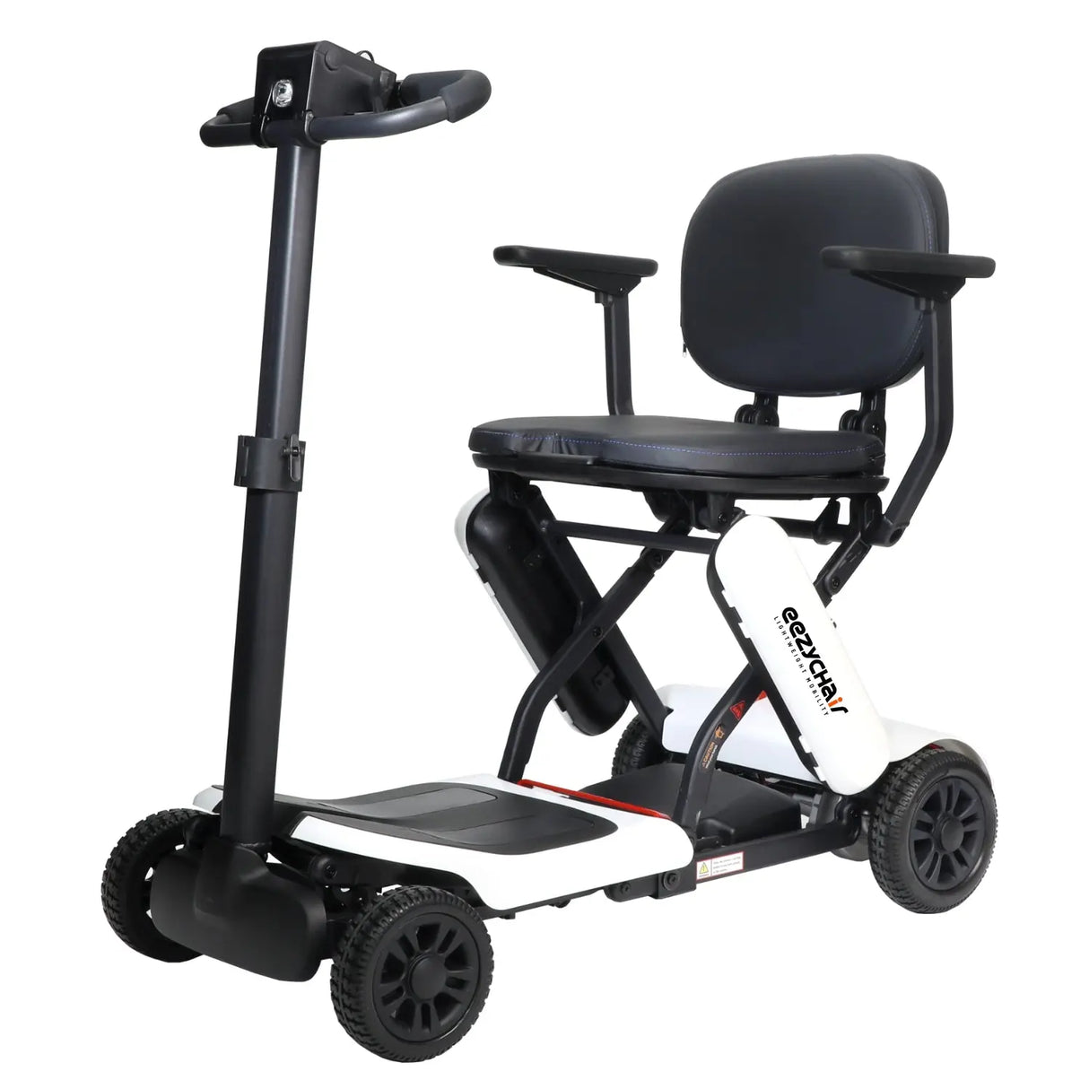 White Eezy-Fold Mobility Scooter by eezychair, compact and portable with a sleek design for easy transportation and convenience.
