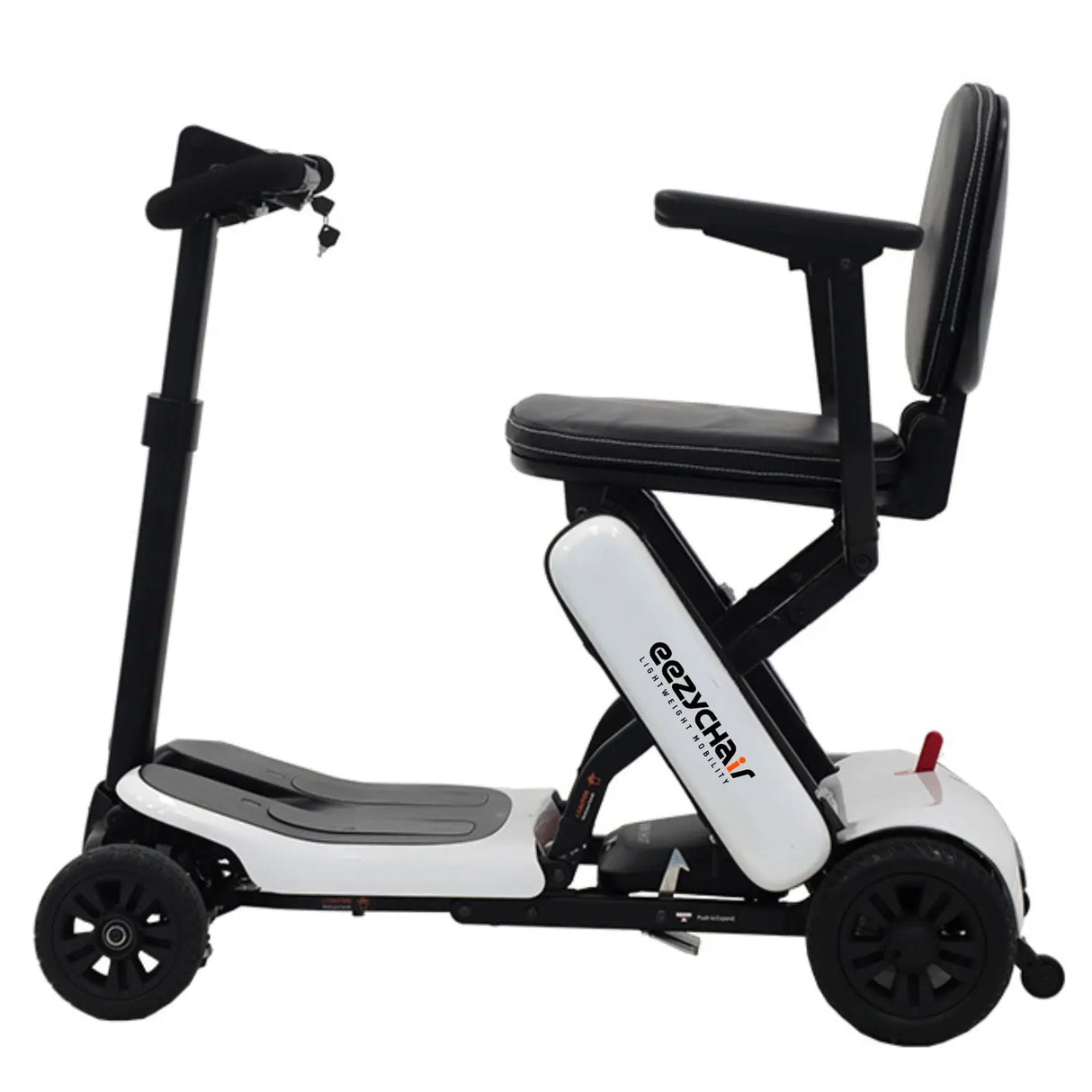White Eezy-Fold mobility scooter from eezychair, featuring a compact design with handlebars and foldable frame for easy transport.