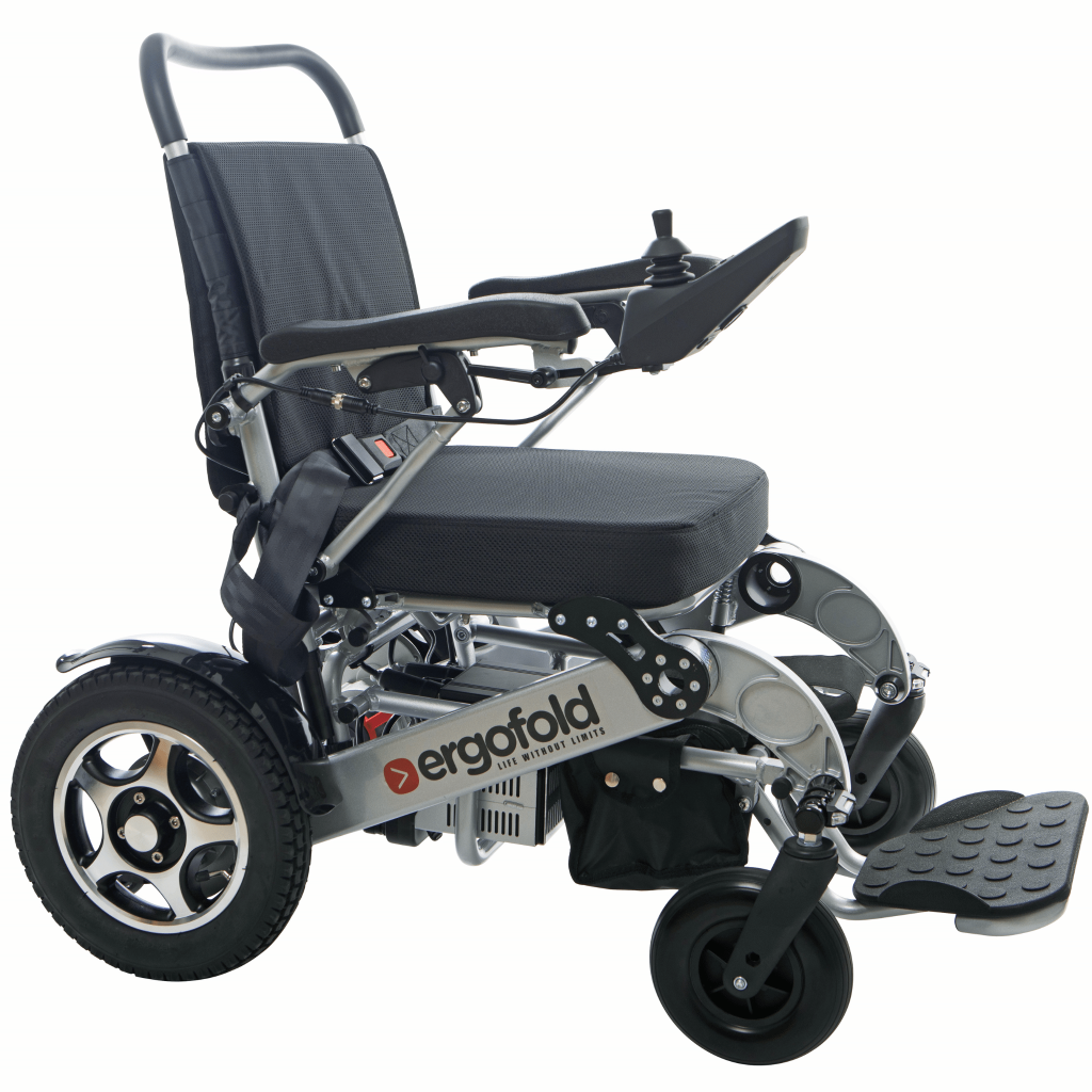 side angle view of electrical wheelchair by ergofold in silver colour with arm rest down