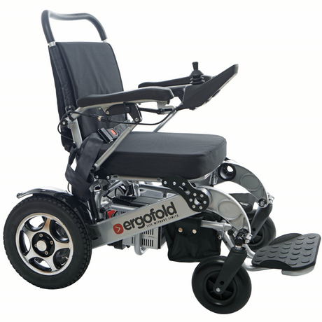 side angle view of electrical wheelchair by ergofold in silver colour with arm rest down