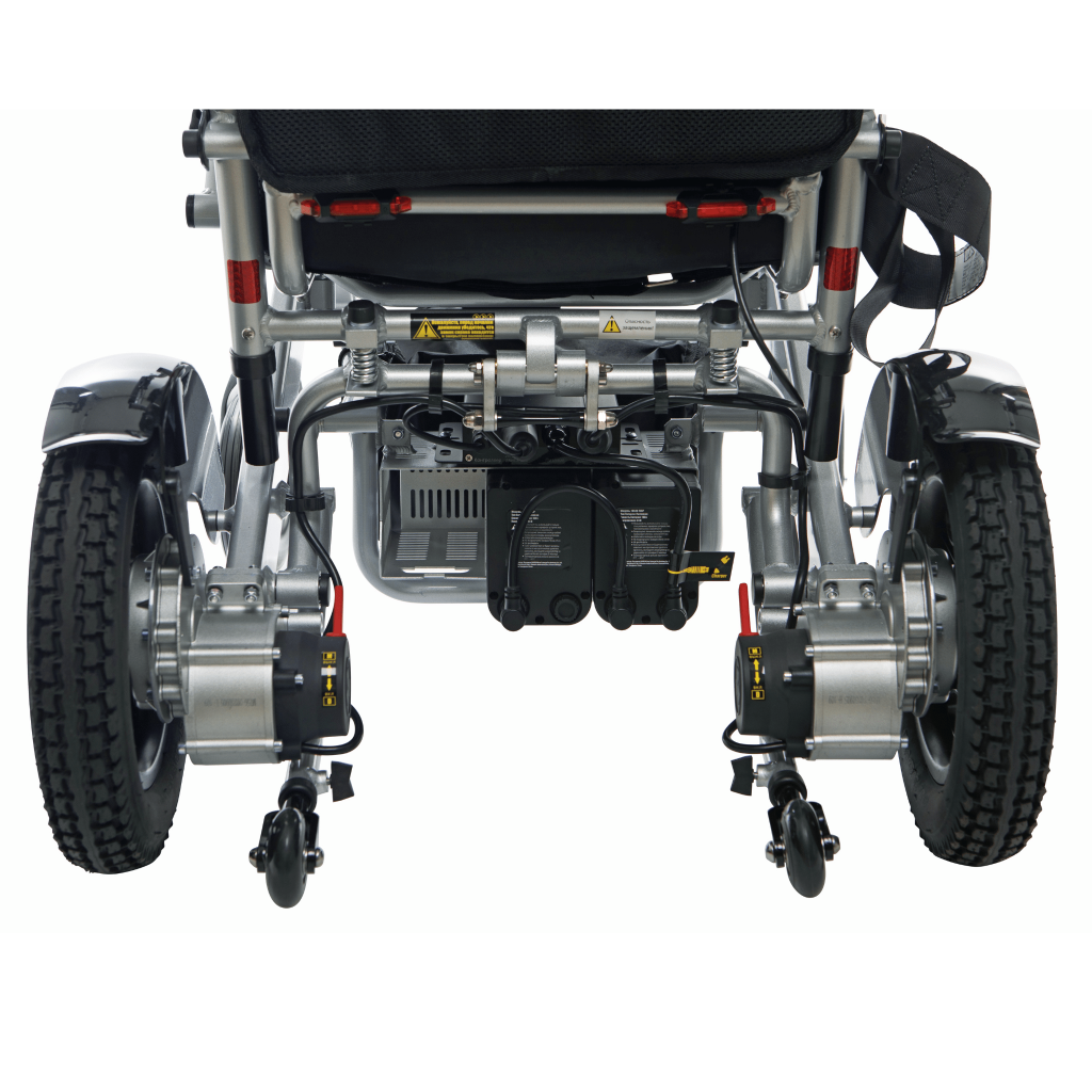 Ergofold By Eezychair - wheelchair rear view showing both battries