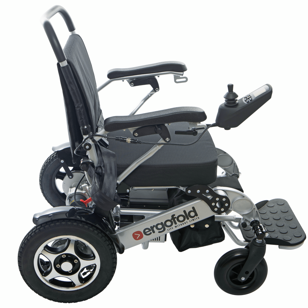 side view of electrical wheelchair by ergofold in silver colour