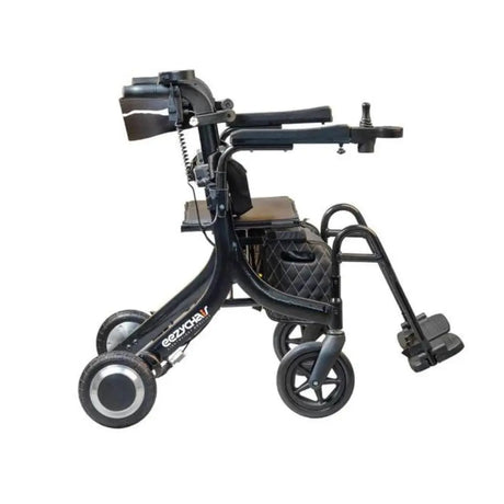 Side view of an Eezychair electric rollator, showing frame, wheels, motor housing, and ergonomic handlebars