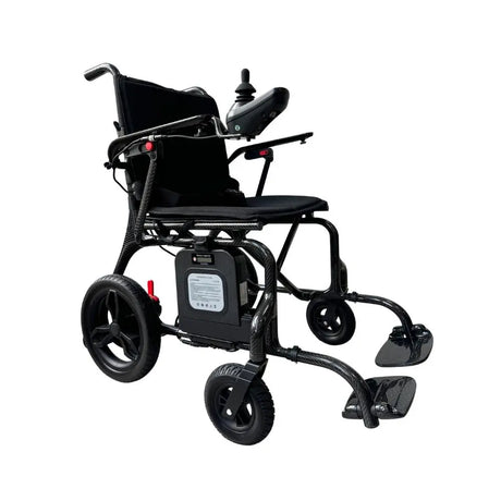 Front view of an Eezychair electric wheelchair, showing full frame, footrests, and control panel