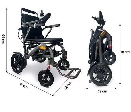 photo of wheelchair open and closed showing dimensions 