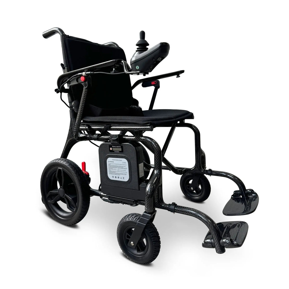 Side view of eezychair EEZY CARBON powered wheelchair with sleek design and lightweight frame for enhanced mobility.
