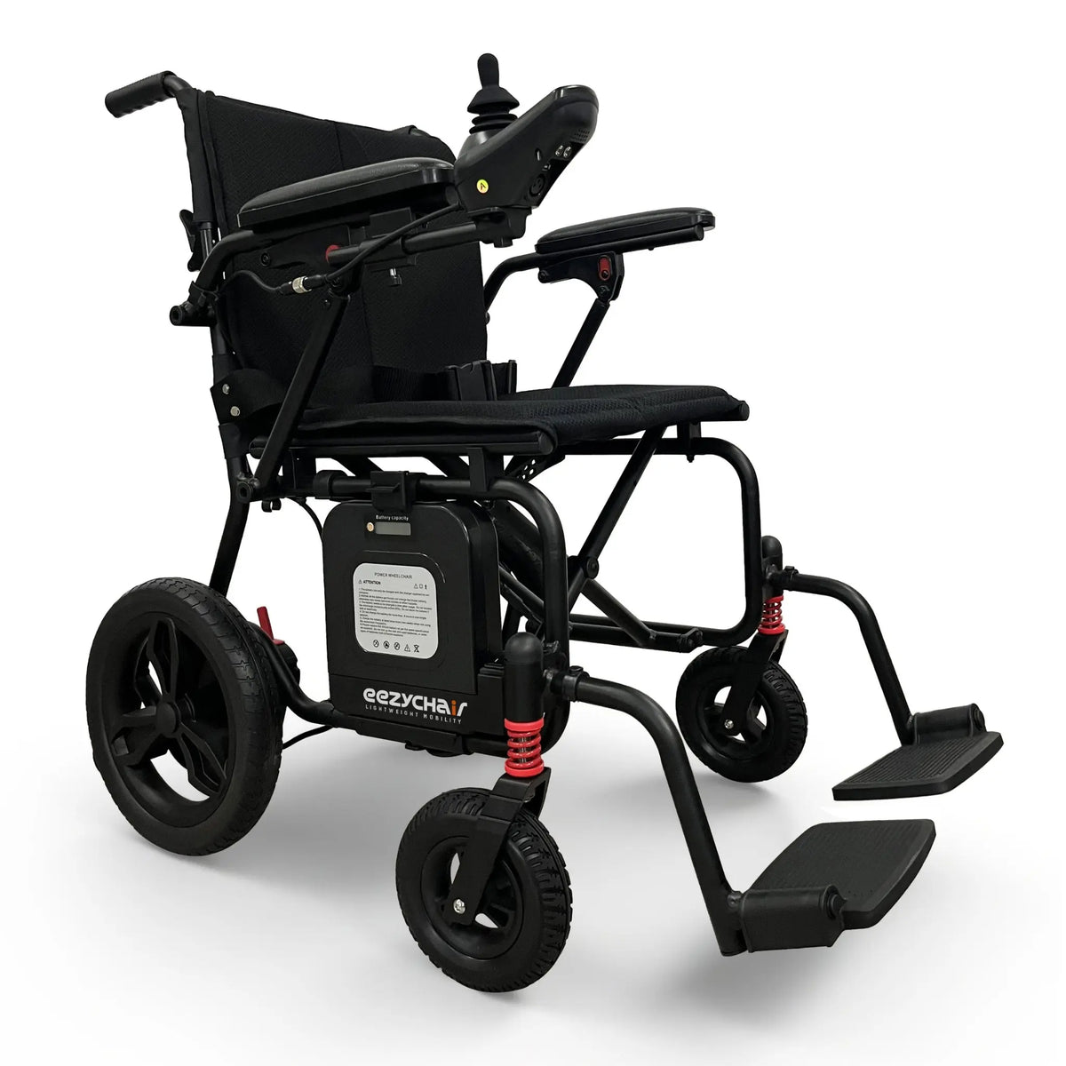 Eezychair EEZY LITE powered wheelchair with lightweight frame and control panel, designed for mobility and ease of use.
