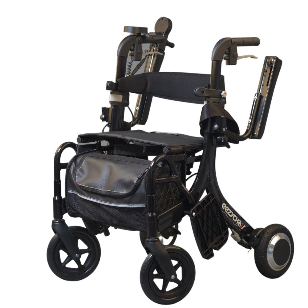 electric rollator front angle view with armrests down, showing frame, wheels, and handlebars