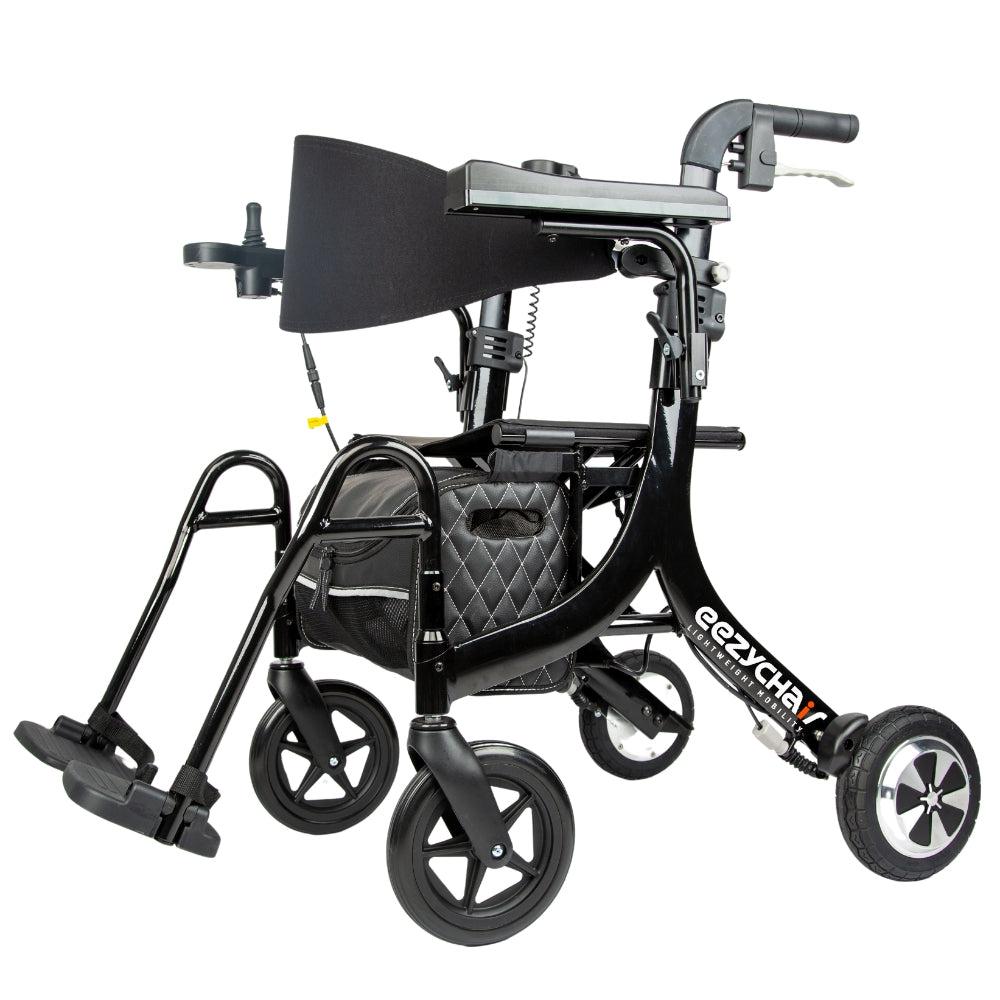 electric rollator angle view with backrest down, showing frame, wheels, and folded seat.