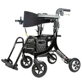 electric rollator angle view with backrest down, showing frame, wheels, and folded seat.