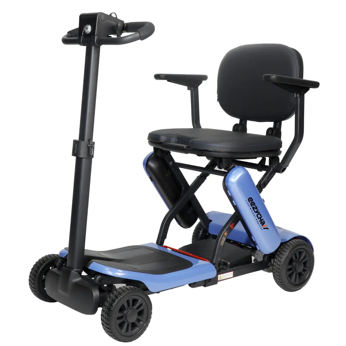 Blue Eezy-Fold Mobility Scooter by eezychair, compact electric scooter with foldable design and ergonomic handlebar.