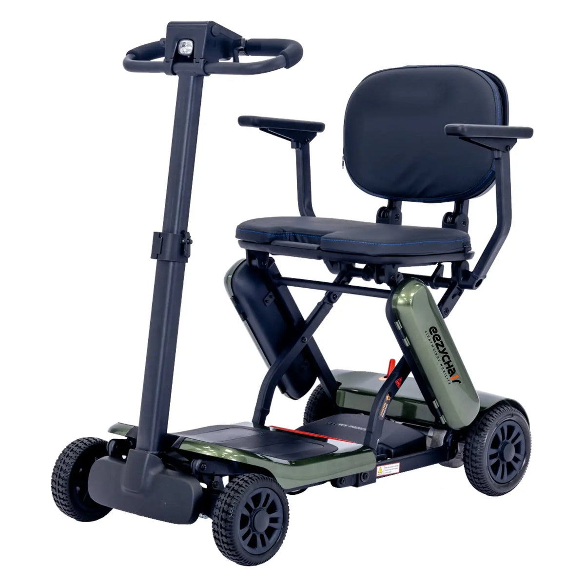Green Eezy-Fold Mobility Scooter by eezychair, compact and lightweight with a foldable design for easy transportation and storage.