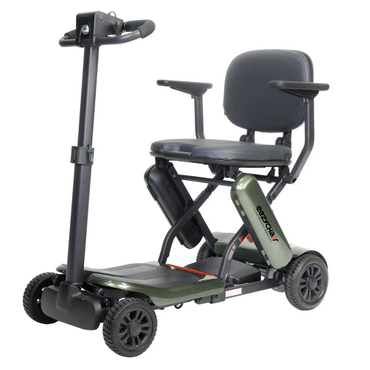 Green Eezy-Fold Mobility Scooter by eezychair, compact and foldable design with handlebars and wheelchair wheels.