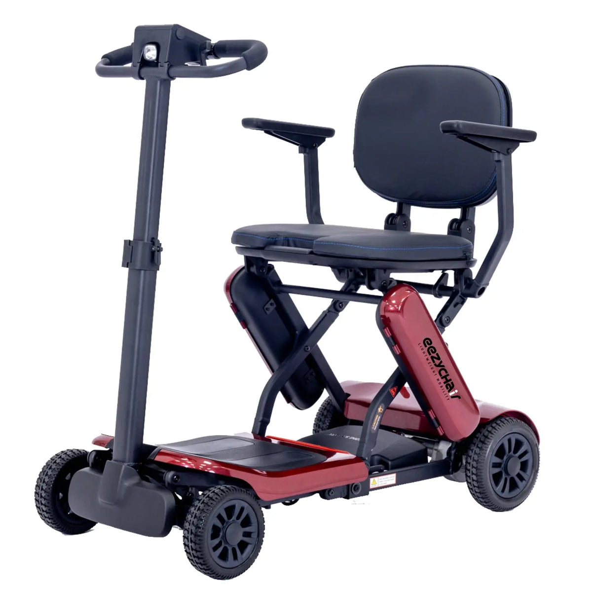 Red Eezy-Fold Mobility Scooter by eezychair, compact electric scooter with foldable design for easy transportation and storage.