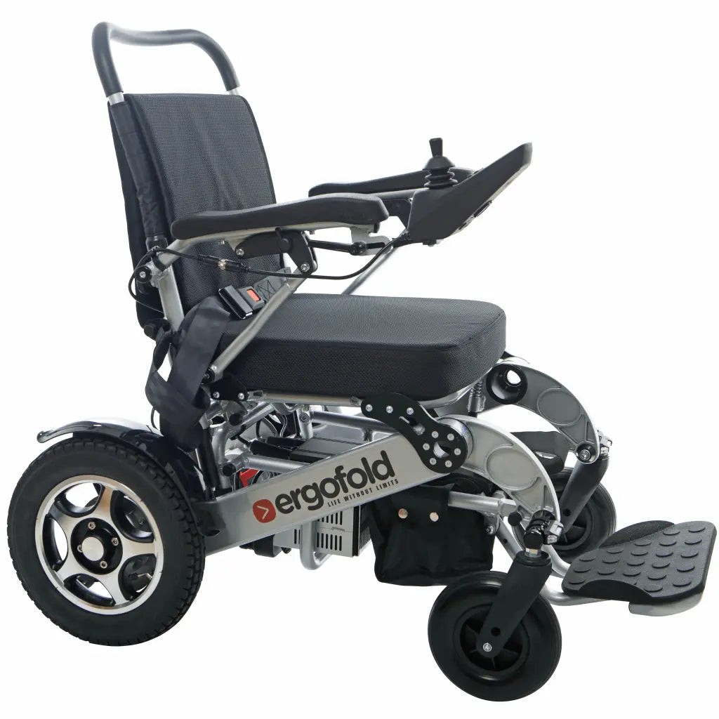 Ergofold powered wheelchair by Eezychair featuring a sleek design, foldable frame, and comfortable seating for mobility assistance.
