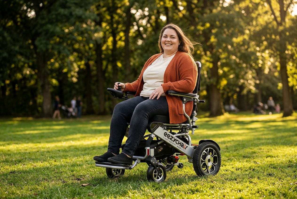 A smiling woman in an Eezychair folding power chair on a sunlit lawn