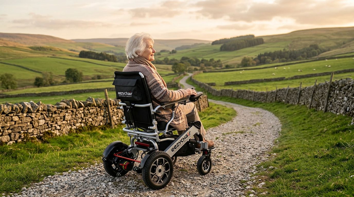 Person trying out an electric wheelchair outdoors for the first time
